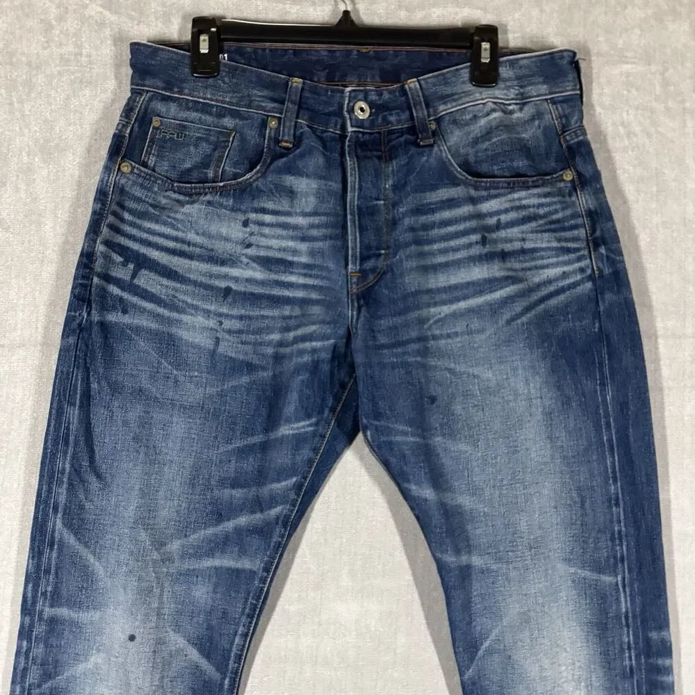 G-Star 3301 TAPERED RL Selvedge Medium Wash Dark Splatter Jeans Size W34 L36